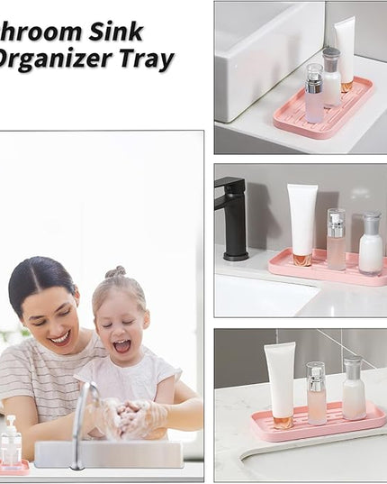Silicone Kitchen Sink Organizer Tray for Multiple Usage,Easy Clean,Eco-Friendly Sponges Holder for Kitchen Bathroom Counter or Sink,Dish Soap Dispenser,Scrubber,Bottle,Cup Pink 10”x 5.3”