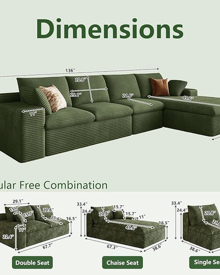 136" Cloud Couch Modular Sectional Sofa for Living Room, L-Shape Boneless Couch with Deep Seat, Modern Corduroy 4-Seater, No Assembly Required (Green,Right-Facing Chaise)