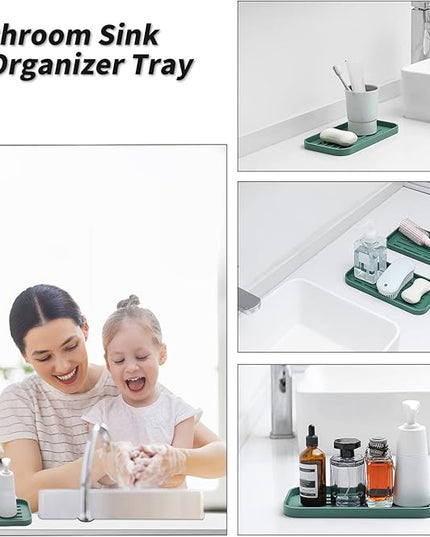Silicone Kitchen Sink Organizer Tray for Multiple Usage,Eco-Friendly Sponges Holder for Kitchen Bathroom Counter or Sink,Dish Soap Dispenser,Scrubber,Bottle,Cup (Green, 10"×5.3")