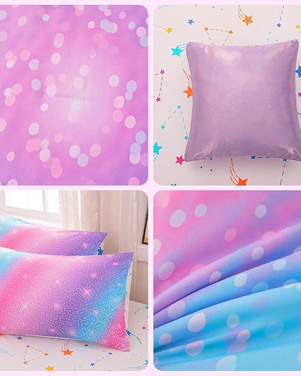 Rainbow Bedding Set Twin Size – 6-Piece Reversible Girls Comforter with Deep-Pocket Sheet, Gradient Galaxy Design, Whole-Piece Filling, Machine Washable Bed-in-a-Bag for Kids Room Makeover & Gifts