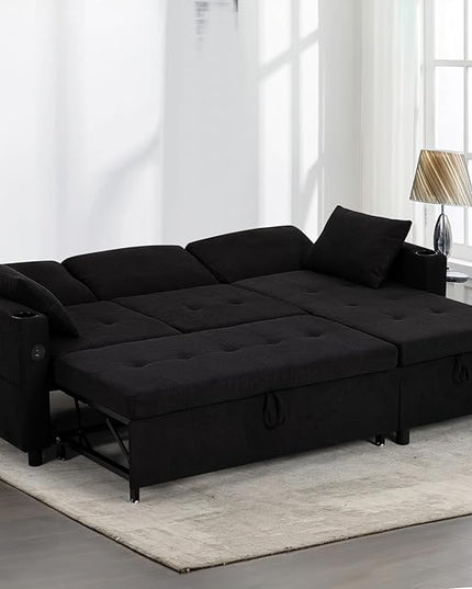 84" Sectional Pull Out Sofa Bed with Adjustable Backrests, L-Shaped Sleeper Sofa with USB Ports, Upholstered Reversible Couch with Cup Holder & Storage Space for Living Room, House, Black