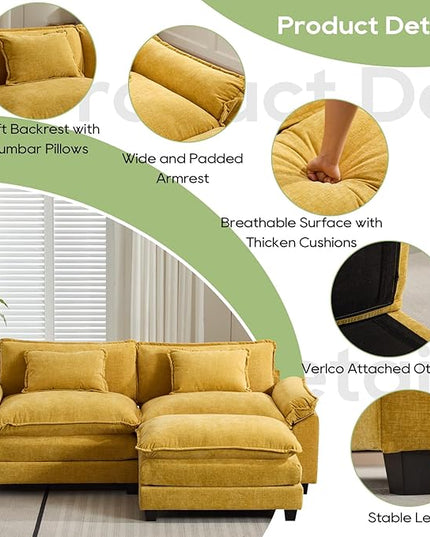 86" Modular Sectional Sofa, Comfy Cloud Couch Sectional Sofa with Ottoman, Chenille Sofa Sleeper Deep Seat Sofa with Throw Pillows for Living Room (Yellow, 86"- L Shape)