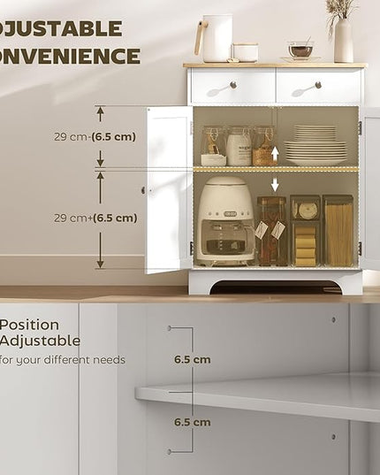 HOMCOM Sideboard Buffet Cabinet with Solid Wood Countertop, Modern Kitchen Storage Cabinet, Coffee Bar Cabinet with 2 Drawers, Doors and Adjustable Shelf, White