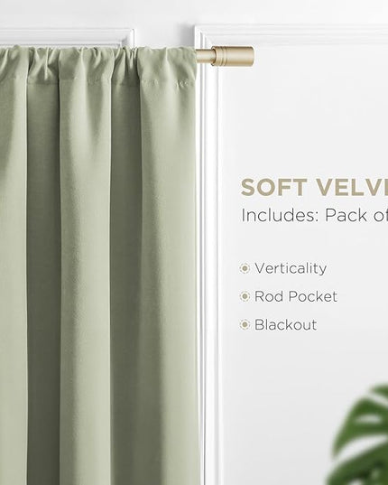 Joydeco Sage Green Velvet Curtains 72 Inches 2 Panels, Luxury Thermal Insulated Soft Green Curtains for Bedroom & Living Room, Room Darkening Velvet Drapes, Rod Pocket (52W x 72L)
