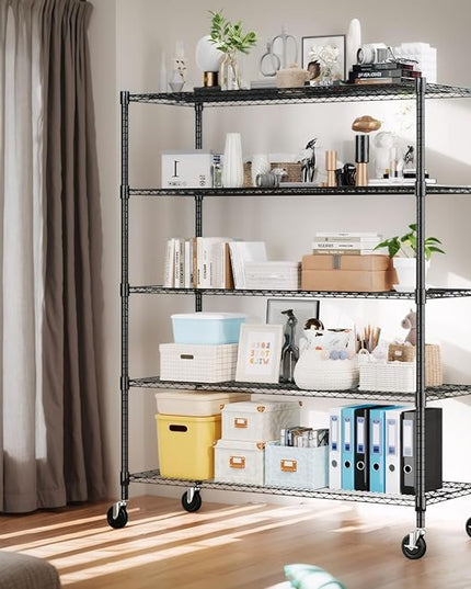 Himimi 82" H Storage Shelves 5 Tier Metal Shelving Adjustable Wire Shelf with Wheels, Heavy Duty Shelving for Garage Kitchen Pantry Bathroom Laundry,18" D*48" W*82" H, Black