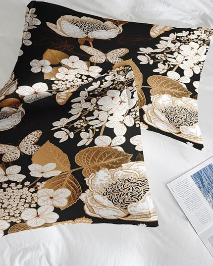 Comforter Set King Size, Hydrangea Butterfly Flower 7 Pcs Bedding for Kids and Adults, Black Gold Bed Sheet Sets with Fitted Sheet 2 Pillowcase & 2 Sham for Bedroom Bed Decor