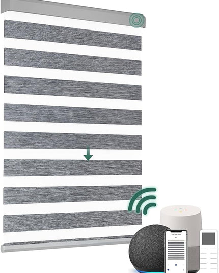 Cordless Motorized Zebra Blinds for Windows with Remote, Custom Dual Layer Smart Semi Sheer Zebra Shades Work with Alexa Google, Automatic Electric Light Filtering Zebra Roller Shades, Grey