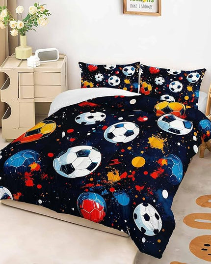AILONEN Soccer Print Comforter Set Full Size,Football Sport Cartoon Print Bedding Sets for Bedroom Decor,Colorful Balls Duvet Set for Kids,3-Piece, 1 Quilt and 2 Pillowcases,Soft Microfiber