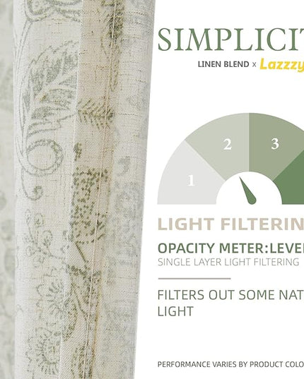 Lazzzy Linen Farmhouse Curtains for Living Room 90 Inch Length Floral Print Window Curtains Semi Sheer Drapes for Bedroom Country Light Filtering Curtain Grommet Top 2 Panels Green on Beige