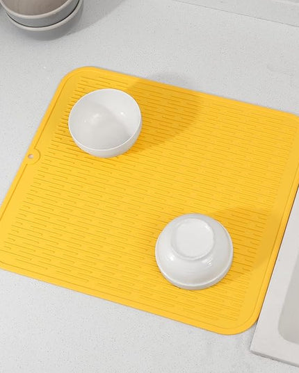 Silicone Dish Drying Mat for Multiple Usage,Easy clean,Eco-friendly,Heat-resistant Silicone Mat for Kitchen Counter or Sink,Refrigerator or Drawer Liner Yellow XL 18 inches x 16 inches
