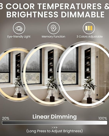 LED Bathroom Mirror 36 Inch Round Bathroom Mirror with Lights, Circle Wall Mirror with 3 Colors Brightness, Anti-Fog for Bathroom Vanity, Entryway Living Room