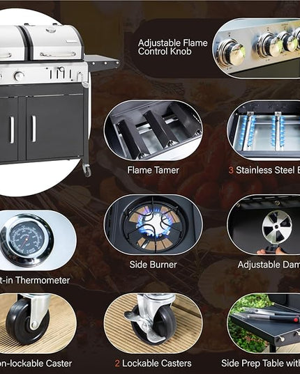 Sophia & William Charcoal and Propane Gas Grill Combo with Side Burner & Porcelain-Enameled Cast Iron Grate, Dual Fuel BBQ Grill for Outdoor, Barbecue Grill, 690 SQIN Cooking Area