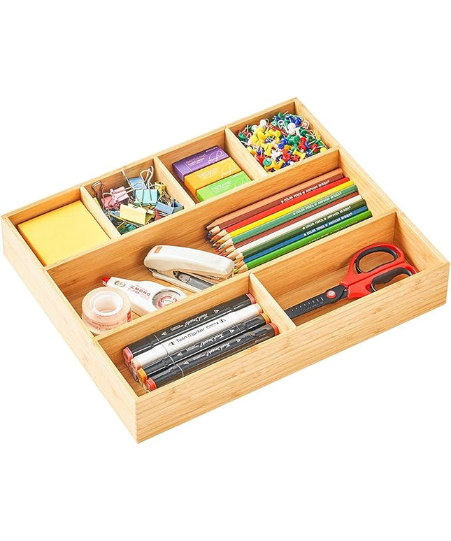 Umilife Large Bamboo Desk Drawer Organizer, Wood Junk Organizer Tray with Adjustable Dividers, Anti-Skip Storage Organization in Office Bathroom Drawer for Vanity, Makeup, 15" x 12"