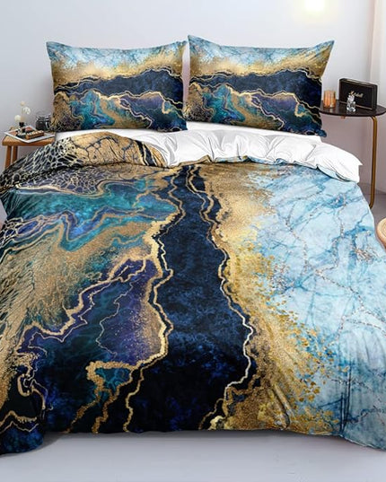 Royal Blue Marble Duvet Cover Set King Size Sequin Gold Bedding Comforter Covers with 2 Pillow Shams Breathable Durable Soft Comfy