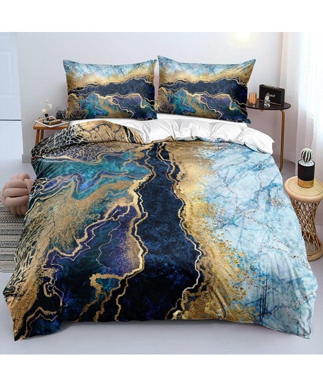 Royal Blue Marble Duvet Cover Set Queen Size Sequin Gold Bedding Comforter Covers with 2 Pillow Shams Breathable Durable Soft Comfy
