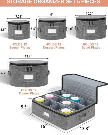 Cirhy Reinforced China Storage Containers, 5-Piece Dinnerware & Mug Organizer Set with Quilted Padding and Felt Dividers, Stackable Boxes for Dishes, Cups & Fine China, Ideal for Moving and Kitchen