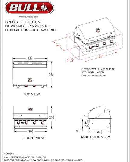 Bull Outlaw 30-Inch Built-In Grill (BG-26039), Natural Gas