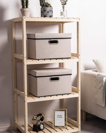 PRANDOM Foldable Storage Bin with Lid [1-Pack] Linen Fabric Decorative Storage Box Organizer Container Basket Cube with Handles Divider for Closet Office Living Room Light Grey(14.9x9.8x9.8)