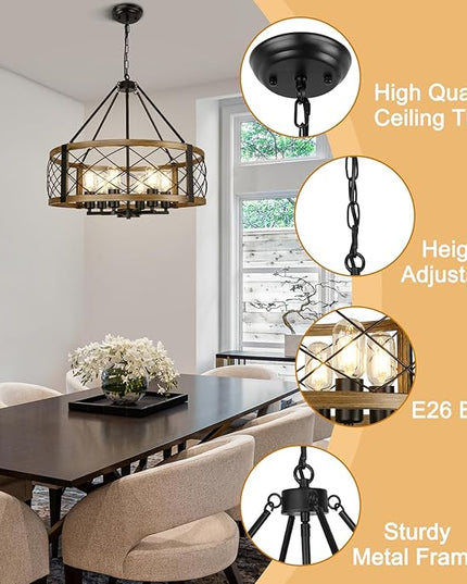 Modern Chandelier for Dining Room, 6-Light Wood Grain Finish Farmhouse Chandelier, 22.5” Rustic Drum Hanging Light Kitchen Island, Round Metal Hanging Light Fixture for Foyer, Entryway, Bedroom