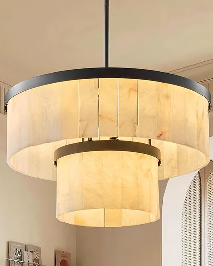 Alabaster Chandelier 2-Tier D24 Round Chandeliers, Modern Dining Room Chandelier Marble Pendant Light Farmhouse for Living Room, Bedroom, Foyer, Kitchen, Entryway Black(Include Bulbs)