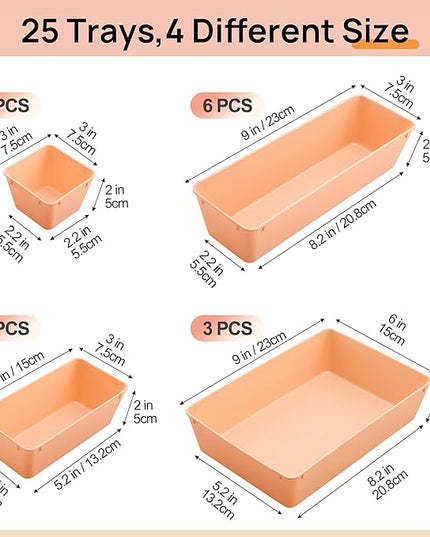 Vtopmart 25 PCS Plastic Drawer Organizers Set, 4-Size Versatile Bathroom and Vanity Drawer Organizer Trays, Storage Bins for Makeup, Bedroom, Kitchen Gadgets Utensils and Office