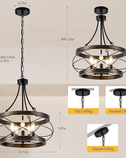 5-Light Farmhouse Chandelier, 17.72" Rustic Drum Dining Room Light Fixture, Bronze Chandeliers Hanging Pendant Lighting, Industrial Candle Chandeliers for Living Room Kitchen Entryway Bedroom
