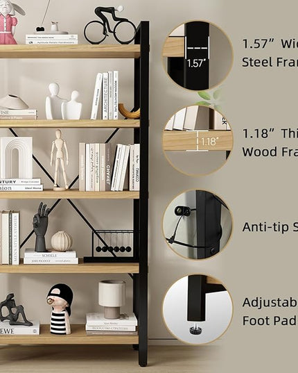 Real Solid Wood Bookshelf Shelves Rustic Vintage Industrial Etagere Bookshelf, Metal & Timber Free Vintage Bookcase, (Genuine Timber) (5-Tiers-Real Wood)