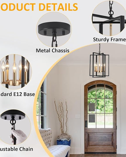 Black and Gold Modern Farmhouse Chandeliers for Dining Room, 5-Light Pendant Light Fixture Adjustable Industrical Entryway Light Fixture Hanging Chandelier for Kitchen Island Entryway Hallway Foyer