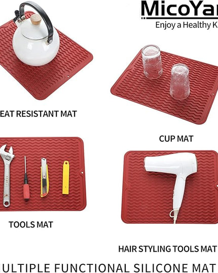 Silicone Dish Drying Mat for Multiple Usage,Easy clean,Eco-friendly,Heat-resistant Silicone Mat for Kitchen Counter or Sink,Refrigerator or drawer liner Red L 16 inches x 12 inches