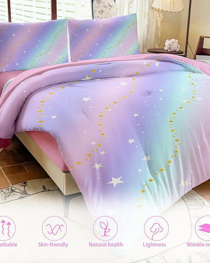 Rainbow Bedding Set Full Size – 5 Piece Reversible Girls Comforter with Deep-Pocket Sheet, Gradient Galaxy Design, Whole-Piece Filling, Machine Washable Bed-in-a-Bag for Kids Room Makeover & Gifts