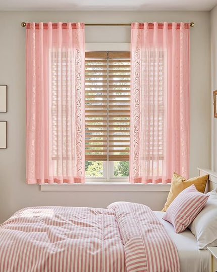 jinchan Winslow Sheer Curtains 63 Inch Length for Dorm Bedroom Bordered Floral Pattern Decorations Short Curtains Light Filtering Window Treatments, 50W x 63L, Beige on Pink, 2 Panels