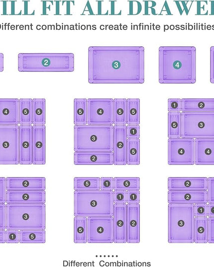 25 PCS Drawer Organizer Set, 4 Varied Size Bathroom and kitchen Drawer cabinet organizer Trays, Clear Storage Bins for Makeup, Jewelry, Utensils and Gadgets， Purple