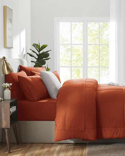 CozyLux Queen Comforter Set Terracotta, 7 Pieces Bed in a Bag, Burnt Orange Fall Comforter Queen Size, All Season Bedding Sets with Stitch Quilted Comforter, Flat Sheet, Fitted Sheet, Pillowcases