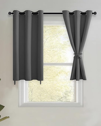 JIUZHEN Short Curtains Kitchen Half Window Blackout Curtains with Tiebacks for Baseroom Shadows, Grommet Curtains for Living Room, Set of 2 Window Curtain Panels, 42 x 30 Inch Length，Dark Grey