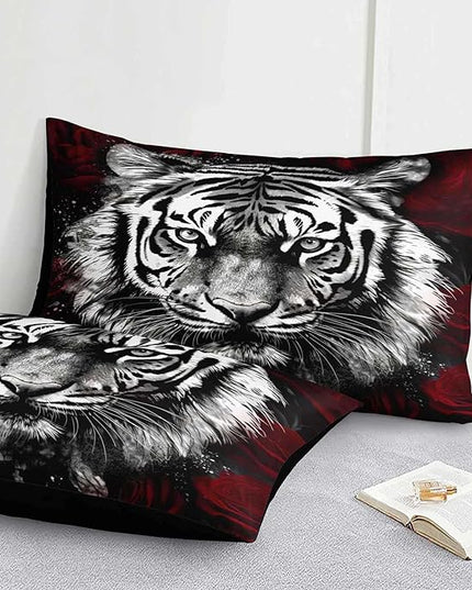 Bedbay Tiger Comforter Set Queen Size Rose Floral Bedding Set Wild Animal Print 8 Pcs Queen Bed in a Bag Set Boys Teen Room Decor Animal Tiger Bedding Comforter Set with Sheets (Tiger,Queen)