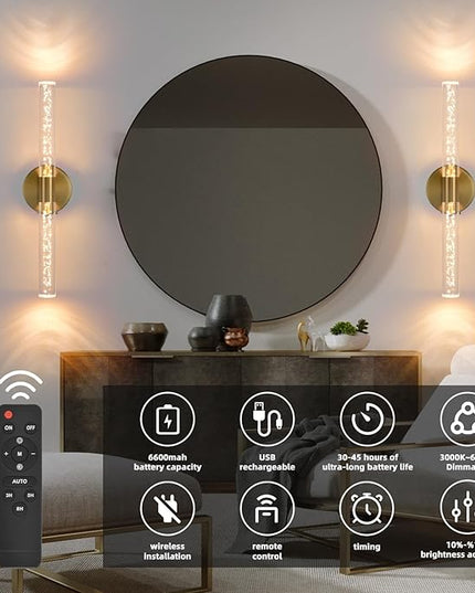 Battery Operated Wall Sconces Set of Two, Gold 20'' Rechargeable Crystal Bubble Wall Sconce with Remote Control, 3000K-6000K Dimmable LED Wireless Wall Lights for Living Room Bedroom Bathroom Hallway