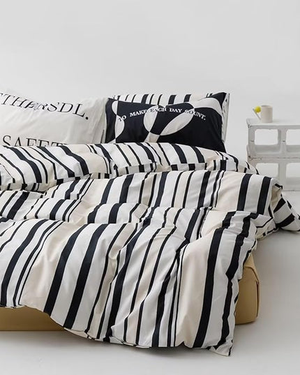 Luxlovery Black and White Comforter Set Full Striped Beige Black Bedding Comforter Men Modern Vertical Stripe Blanket Quilts Fashion Geometric Soft Breathable Comforter Sets for Adults Teens