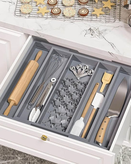 Large Kitchen Utensil Drawer Organizer - Expandable 5 Slots Cooking Utensil Organizer Multipurpose Silverware Organizer for Storage Repair Tools, Painting Tools W13.7"-19.9" x L17.6" X H2.5" (Grey)