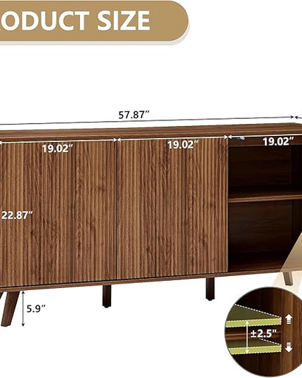 Fluted Sideboard Buffet Cabinet with Storage, Modern Storage Cabinet with 3 Doors, Wood Credenza Buffet Sideboards, Console Table for Kitchen Dining Living Room Entryway (Walnut)