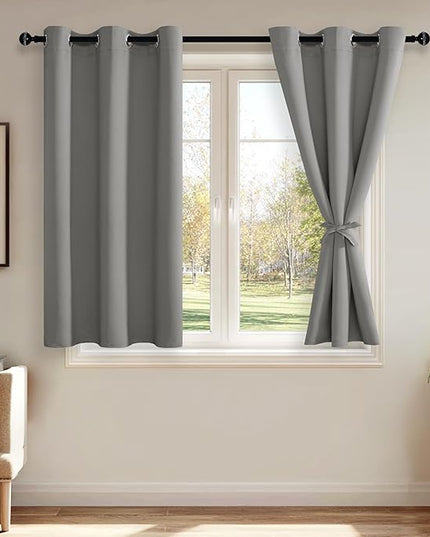 JIUZHEN Blackout Curtains with Tiebacks - Thermal Insulated, Light Blocking and Noise Reducing Grommet Curtain Drapes for Bedroom and Living Room, Set of 2 Panels, 38 x 54 Inch Length, Light Grey