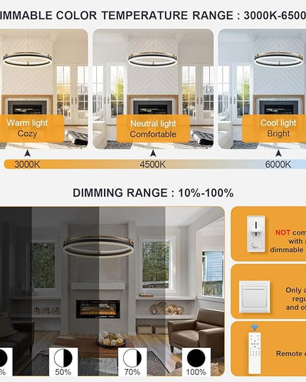 Modern LED Pendant Light 23.6" Black Gold Dimmable Circular LED Chandelier 1 Ring with Remote, Round Hanging Light for Kitchen Island Dining Room Living Room Foyer Entryway, 2-Ring Lighting