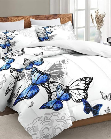 Full Size Comforter Set with 2 Pillowcases, Summer Spring Blue Butterfly 3 Pcs Bedding for Kids and Adults, Abstract Circular Mandala Floral Soft Comforter Set for Bedroom Bed Decor