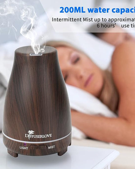 Diffuserlove Essential Oil Diffusers 200ML, Remote Control Aromatherapy Diffuser with 7 Color Lights, Auto Shut-Off for Bedroom Office Kitchen (Black Wood Grain)