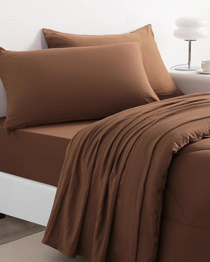 NTBAY Twin Comforter Set with Sheets, 5 Pieces Soft and Breathable Twin Bedding Set, Twin Bed in a Bag, Down Alternative Comforter Set Solid Color All Season, Kids Bedding Set, Brown