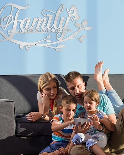Family Where Life Begins Love Never Ends Word Sign Metal Wall Decor, Silver Home Decor Wall Art Decorations, Letters Quotes Sign for Living Room Bedroom Kitchen Indoor Outdoor Decor(28 x 13in)