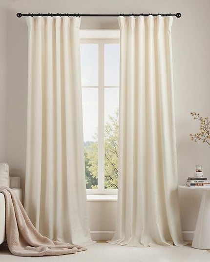 KOUFALL 120 Inch Extra Long Velvet Curtains 10 FT Foot High Ceiling Track Curtain Drapes Pleated with Hooks 70% Blackout 10FT Curtains for Living Room Bedroom 2 Panels Set Cream Ivory