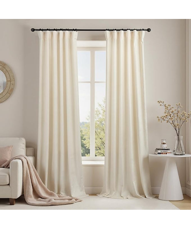 KOUFALL Velvet Curtains 90 Inches Long,S Fold Pretty Lightweight 70% Black Out Semi Blackout French Country Cottagecore Curtains for Living Room Bedroom 2 Panel Set Cream Beige