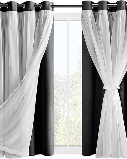 Hiasan Black Blackout Curtains with Sheer Overlay, Grommet Thermal Insulated Privacy Mix and Match Double Layer Window Curtains for Girls Bedroom, Living Room, 2 Drape Panels with Tiebacks, 52W X 54L
