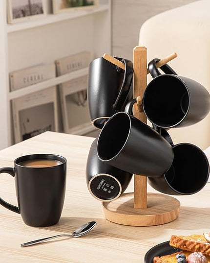 vancasso PLAYA Ceramic Coffee Mug Set of 6, 16 Oz Tea Cups with Handle for Latte, Tea, Cappuccino, Milk, Cocoa, Microwave&Dishwasher Safe, Black