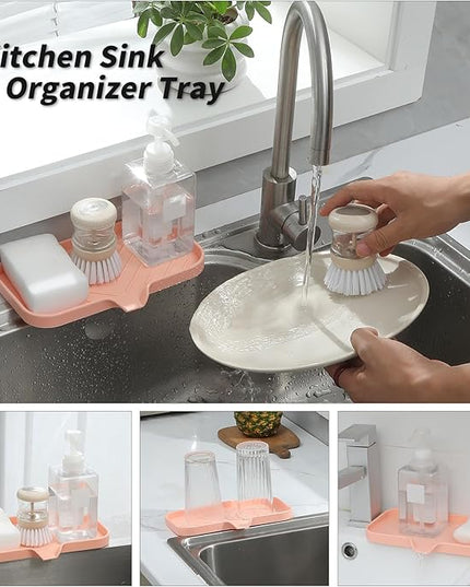 Silicone Bathroom Soap Dishes with Drain Spout-Bathroom and Kitchen Sink Organizer,Sponge Holder,Dish Soap Tray,Perfect for Dispenser,Scrubber,Bottle,Cup on Sink or Counter-Pink 9.6"×5.3"